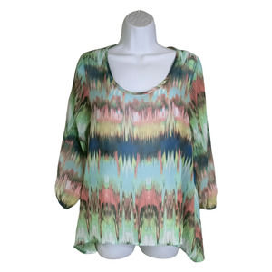 West Kei Womens Blouse Sheer Hi Low Long Sleeve Scoop Neck Multicolor Size Small